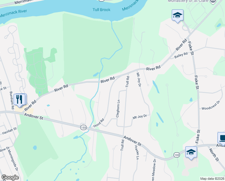 map of restaurants, bars, coffee shops, grocery stores, and more near 73 Hood Road in Tewksbury