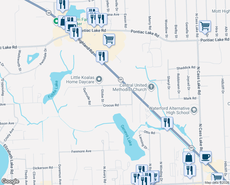 map of restaurants, bars, coffee shops, grocery stores, and more near 734 Geneva Road in Waterford Township