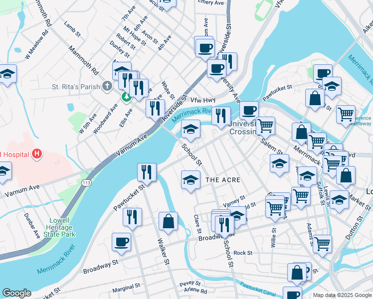 map of restaurants, bars, coffee shops, grocery stores, and more near 49 Mammoth Road in Lowell