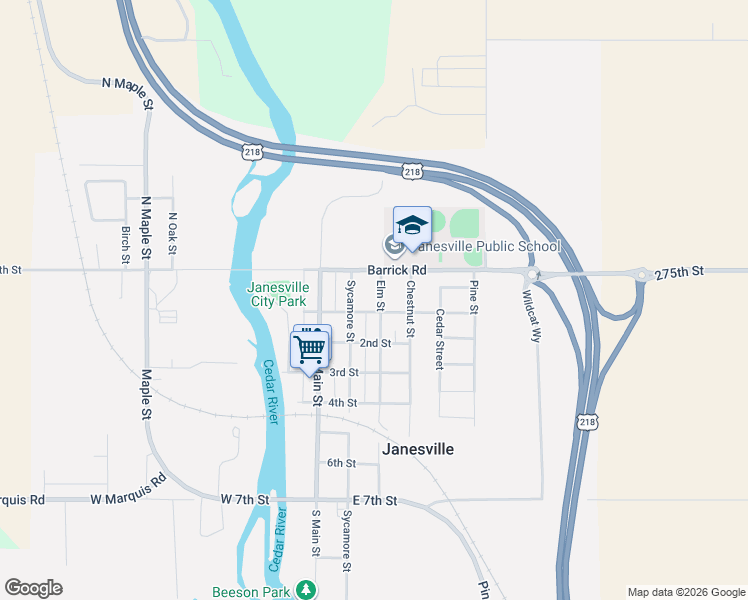map of restaurants, bars, coffee shops, grocery stores, and more near 203 Elm Street in Janesville