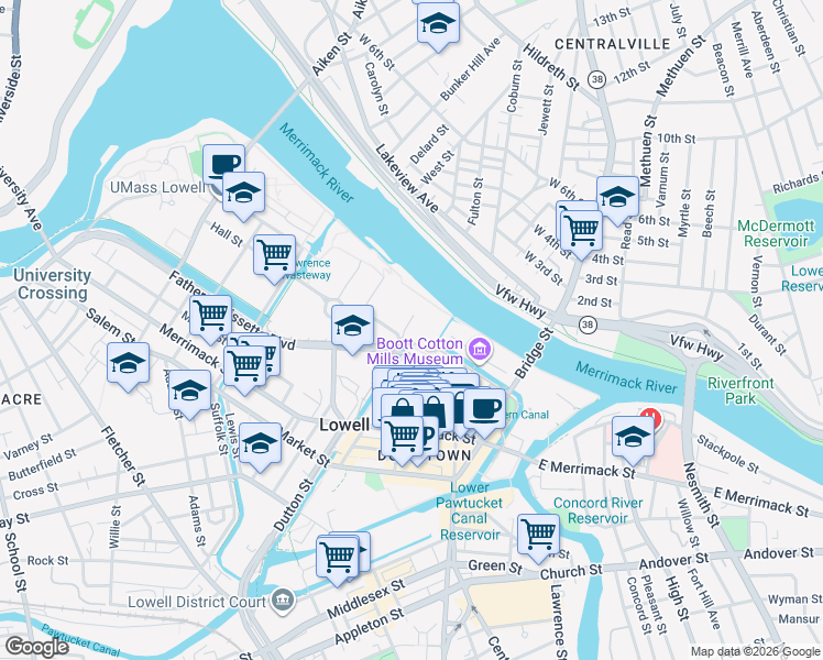 map of restaurants, bars, coffee shops, grocery stores, and more near 12 French Street in Lowell