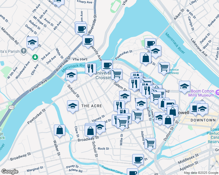 map of restaurants, bars, coffee shops, grocery stores, and more near 44 Bowers Street in Lowell