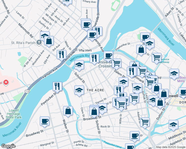 map of restaurants, bars, coffee shops, grocery stores, and more near 35 Mount Vernon Street in Lowell