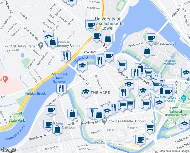 map of restaurants, bars, coffee shops, grocery stores, and more near 35 Mount Vernon Street in Lowell