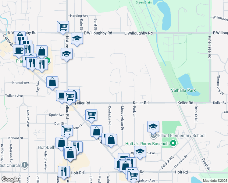 map of restaurants, bars, coffee shops, grocery stores, and more near 4348 Keller Road in Delhi charter Township