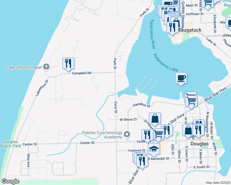 map of restaurants, bars, coffee shops, grocery stores, and more near 270 Ferry Street in Douglas