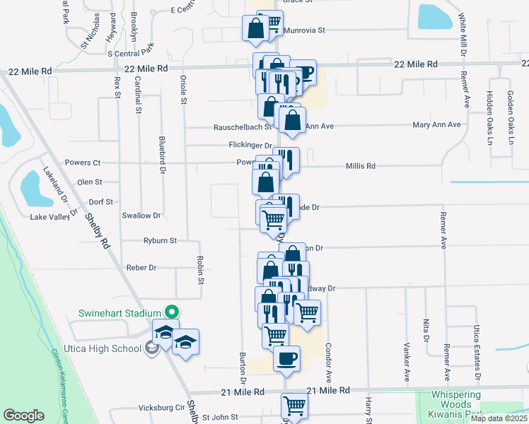 map of restaurants, bars, coffee shops, grocery stores, and more near 7701-7999 Norse Avenue in Shelby charter Township