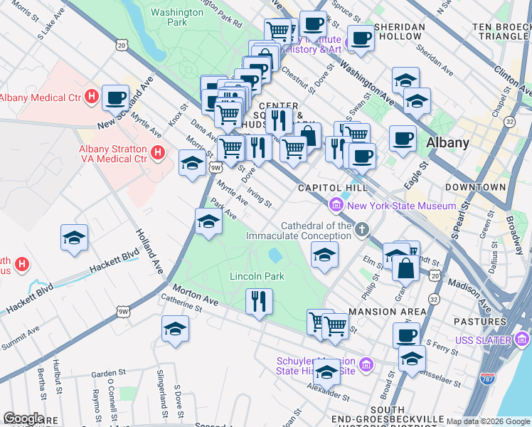 map of restaurants, bars, coffee shops, grocery stores, and more near 201 Park Avenue in Albany