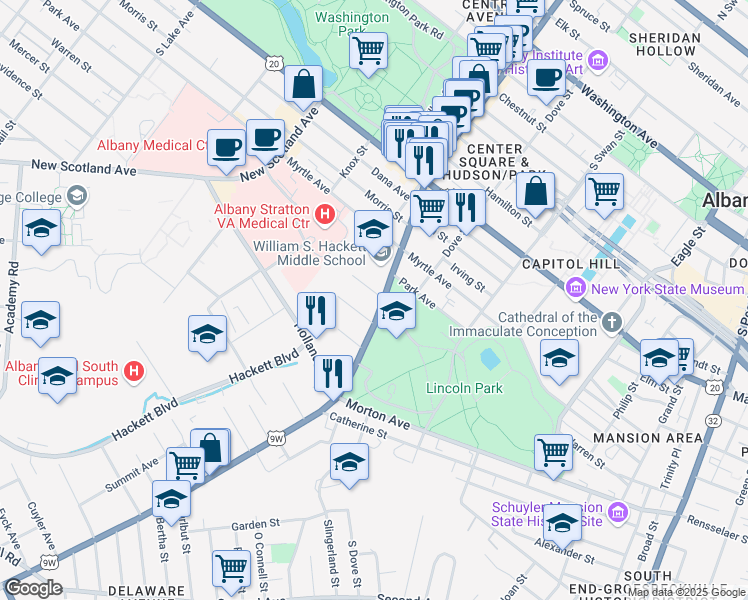 map of restaurants, bars, coffee shops, grocery stores, and more near 89 Delaware Avenue in Albany