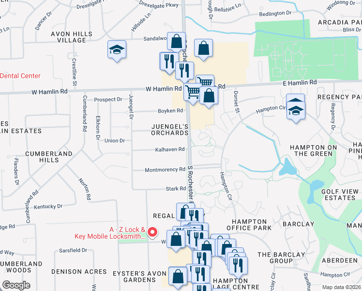 map of restaurants, bars, coffee shops, grocery stores, and more near 2240 South Rochester Road in Rochester Hills