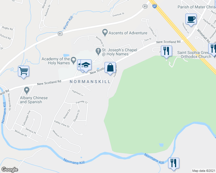 map of restaurants, bars, coffee shops, grocery stores, and more near 9 Hartman Road in Albany