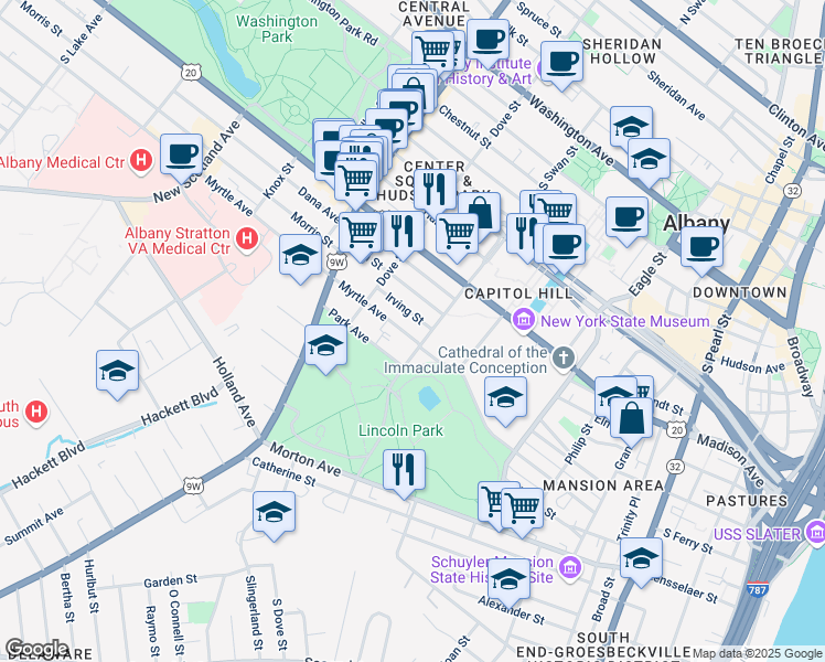map of restaurants, bars, coffee shops, grocery stores, and more near 201 Park Avenue in Albany