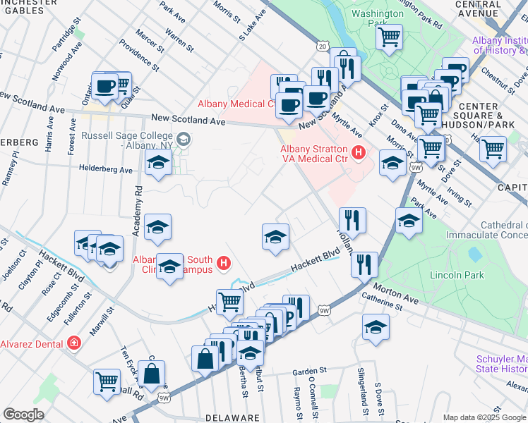 map of restaurants, bars, coffee shops, grocery stores, and more near 4 Clara Barton Dr in Albany