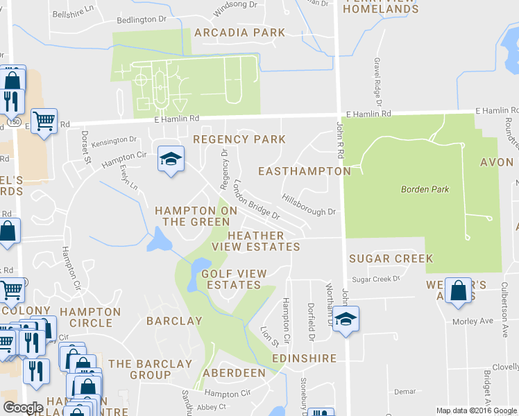 map of restaurants, bars, coffee shops, grocery stores, and more near 2273 London Bridge Drive in Rochester Hills