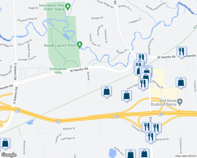 map of restaurants, bars, coffee shops, grocery stores, and more near 2450 Norfolk in Rochester Hills