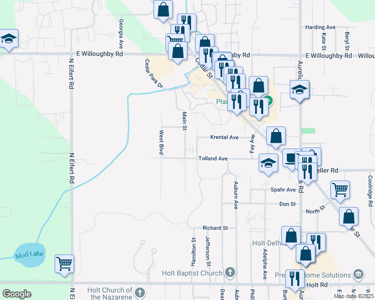 map of restaurants, bars, coffee shops, grocery stores, and more near 4735 Tolland Avenue in Delhi charter Township
