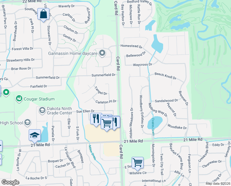 map of restaurants, bars, coffee shops, grocery stores, and more near 47575 Card Road in Macomb