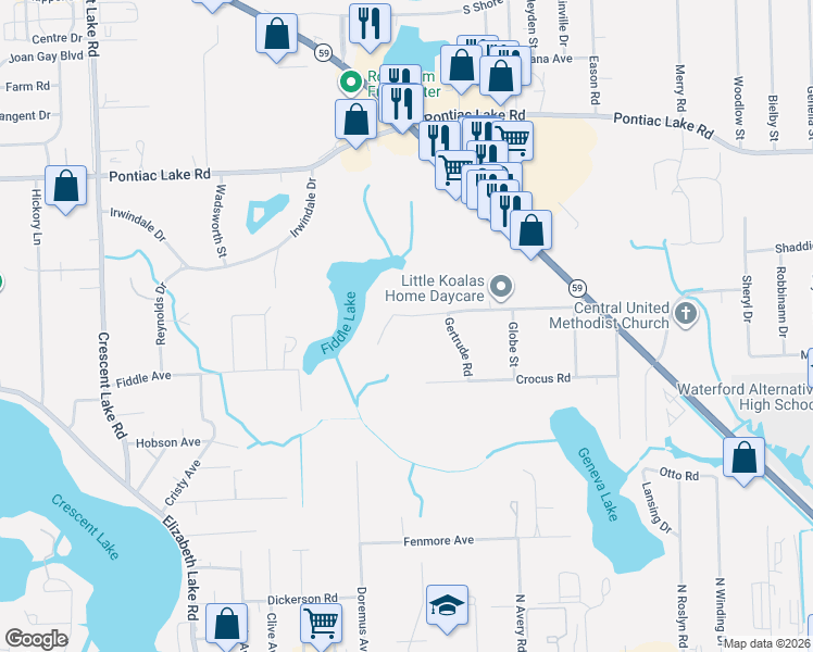 map of restaurants, bars, coffee shops, grocery stores, and more near 4248 Woodstock Road in Waterford Township