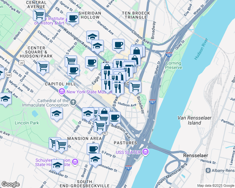 map of restaurants, bars, coffee shops, grocery stores, and more near S Pearl St & Beaver St in Albany