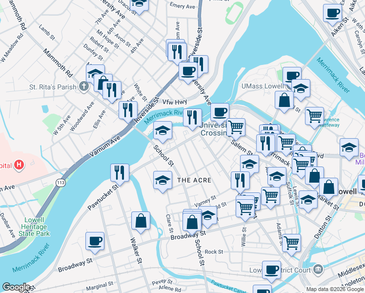 map of restaurants, bars, coffee shops, grocery stores, and more near 295 Pawtucket Street in Lowell
