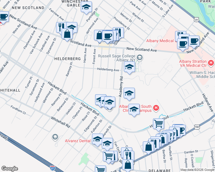 map of restaurants, bars, coffee shops, grocery stores, and more near 138 Grove Avenue in Albany