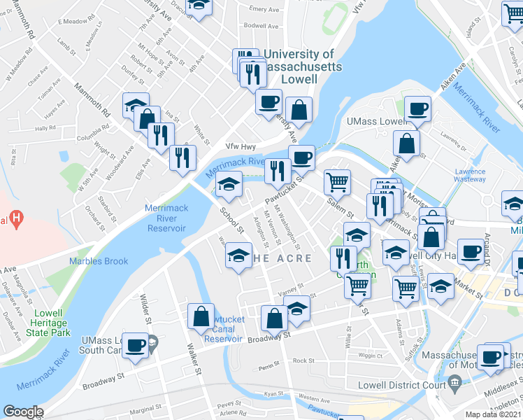 map of restaurants, bars, coffee shops, grocery stores, and more near 287 Pawtucket Street in Lowell