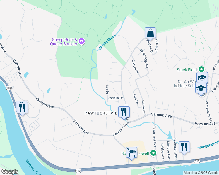 map of restaurants, bars, coffee shops, grocery stores, and more near 4 Luz Drive in Lowell