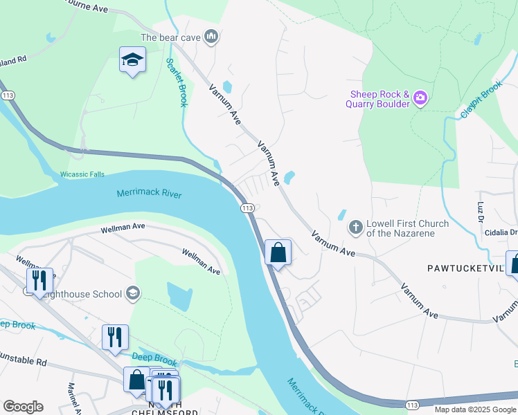 map of restaurants, bars, coffee shops, grocery stores, and more near 1431 Pawtucket Boulevard in Lowell