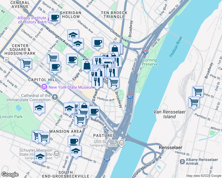 map of restaurants, bars, coffee shops, grocery stores, and more near 63 State Street in Albany