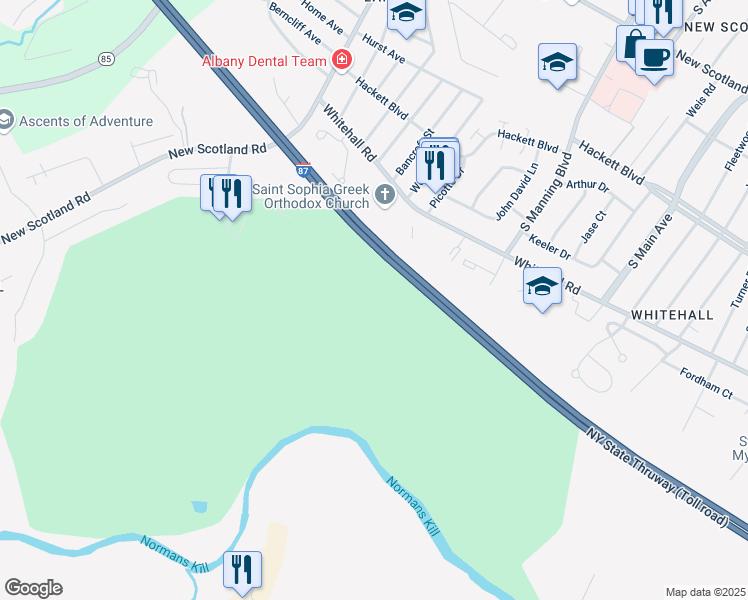 map of restaurants, bars, coffee shops, grocery stores, and more near 426 Whitehall Road in Albany