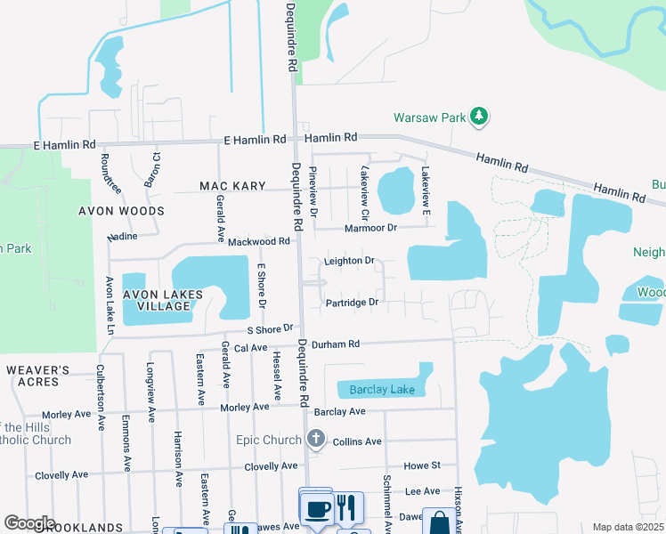 map of restaurants, bars, coffee shops, grocery stores, and more near 2071 Leighton Drive in Macomb County
