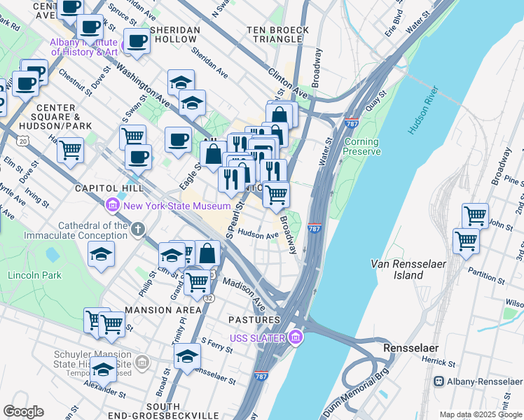 map of restaurants, bars, coffee shops, grocery stores, and more near 63 State Street in Albany