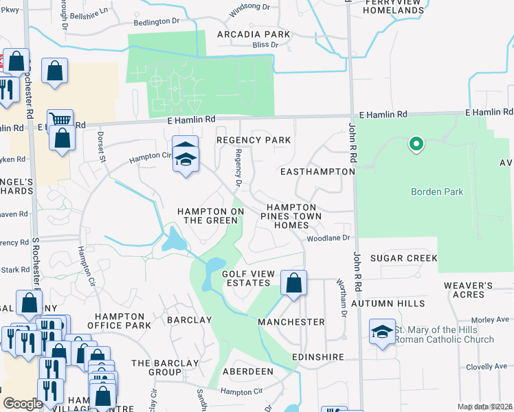 map of restaurants, bars, coffee shops, grocery stores, and more near 2232 London Bridge Drive in Rochester Hills