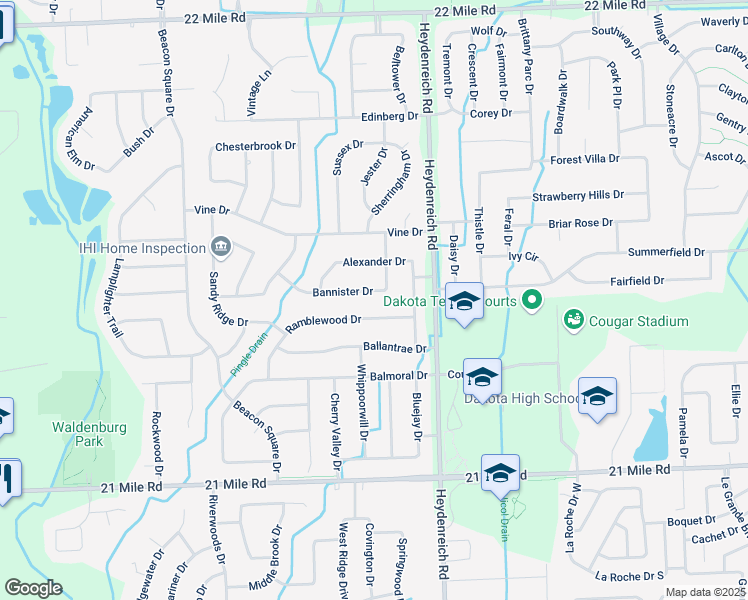 map of restaurants, bars, coffee shops, grocery stores, and more near 20351 Bannister Drive in Macomb