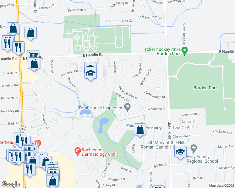 map of restaurants, bars, coffee shops, grocery stores, and more near Hampton Circle in Rochester