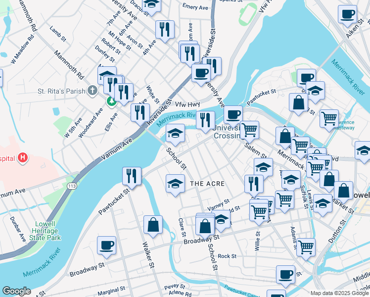 map of restaurants, bars, coffee shops, grocery stores, and more near 335 Pawtucket Street in Lowell