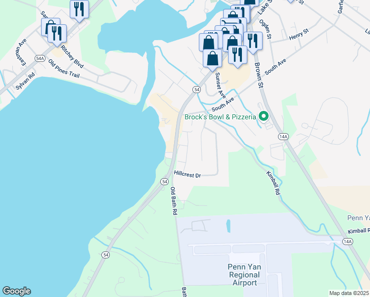 map of restaurants, bars, coffee shops, grocery stores, and more near Keuka Shores Ln in Penn Yan