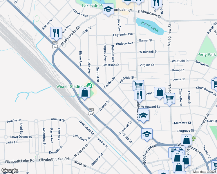 map of restaurants, bars, coffee shops, grocery stores, and more near 22 Cadillac Street in Pontiac