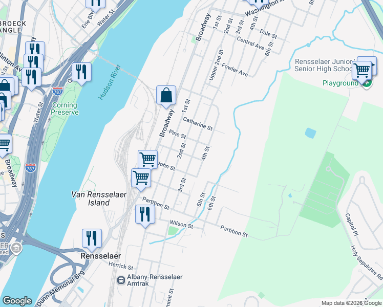 map of restaurants, bars, coffee shops, grocery stores, and more near 1128 2nd Street in Rensselaer