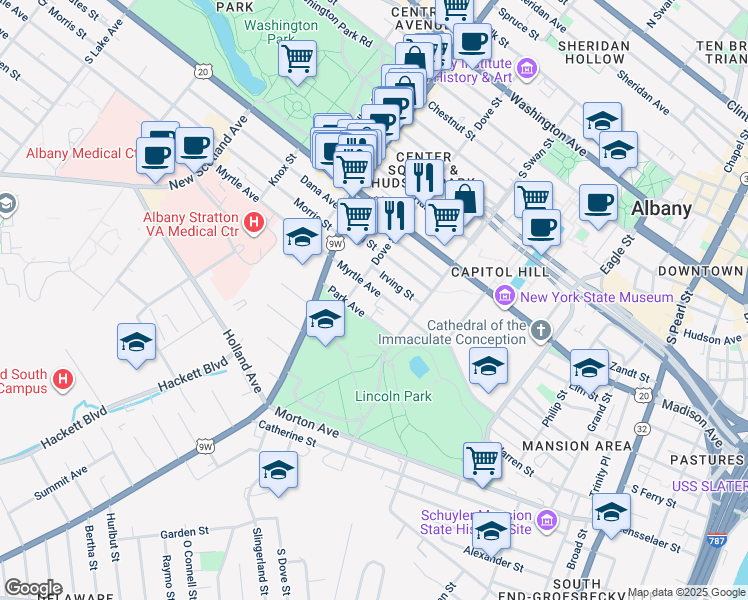 map of restaurants, bars, coffee shops, grocery stores, and more near 146 Dove Street in Albany