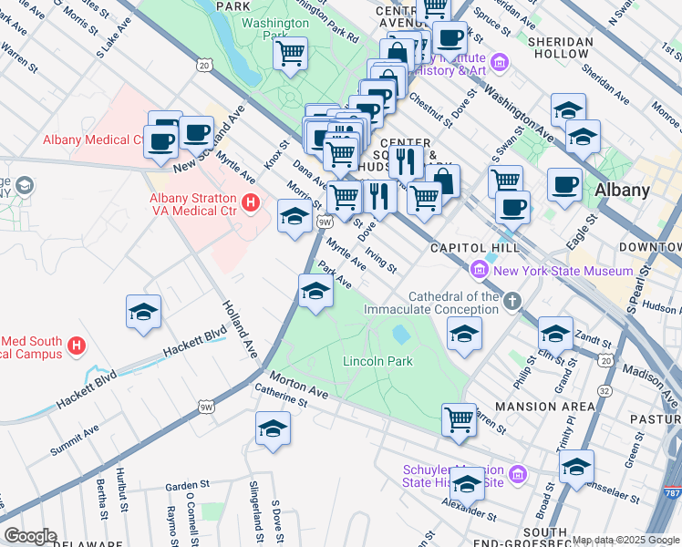 map of restaurants, bars, coffee shops, grocery stores, and more near 146 Dove Street in Albany