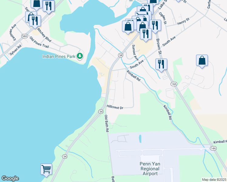 map of restaurants, bars, coffee shops, grocery stores, and more near Keuka Shores Ln in Penn Yan