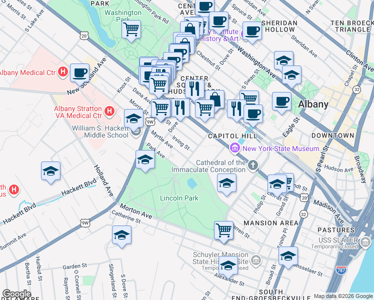 map of restaurants, bars, coffee shops, grocery stores, and more near 8 Irving Street in Albany