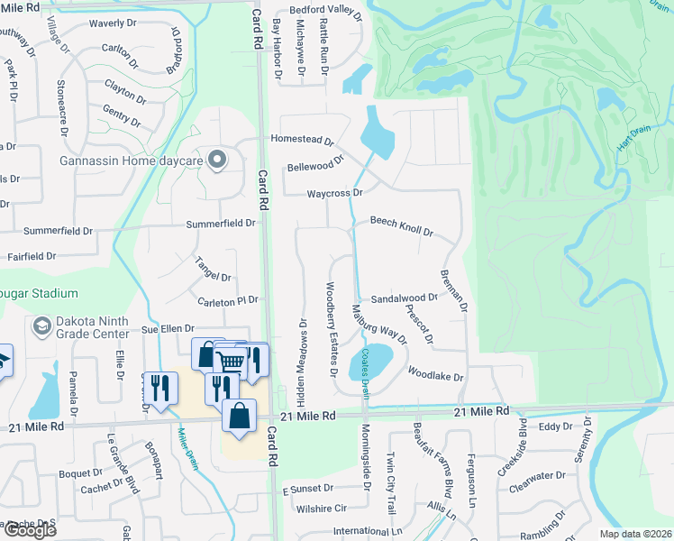 map of restaurants, bars, coffee shops, grocery stores, and more near 47703 Malburg Way Drive in Macomb
