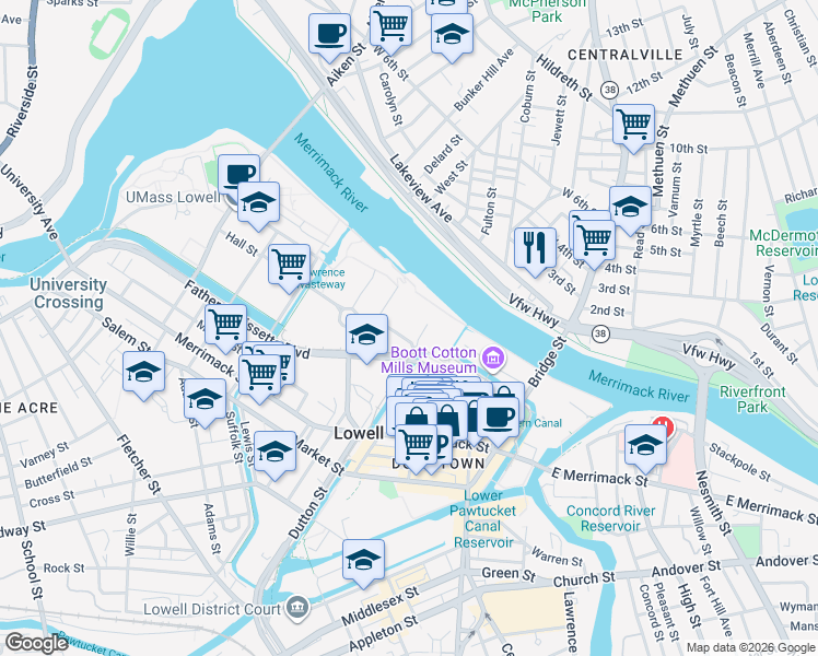 map of restaurants, bars, coffee shops, grocery stores, and more near 1 River Place in Lowell