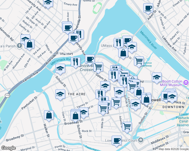 map of restaurants, bars, coffee shops, grocery stores, and more near 9 Bowers Street in Lowell