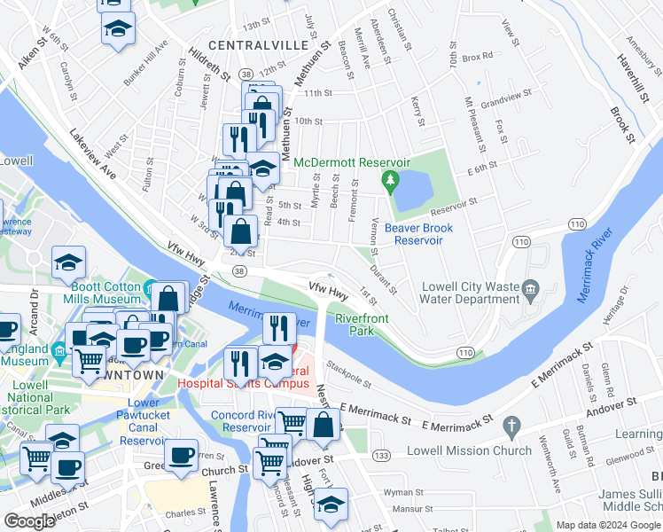 map of restaurants, bars, coffee shops, grocery stores, and more near 232 1st Street in Lowell