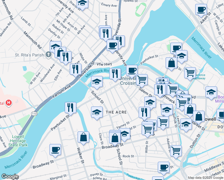 map of restaurants, bars, coffee shops, grocery stores, and more near 295 Pawtucket Street in Lowell