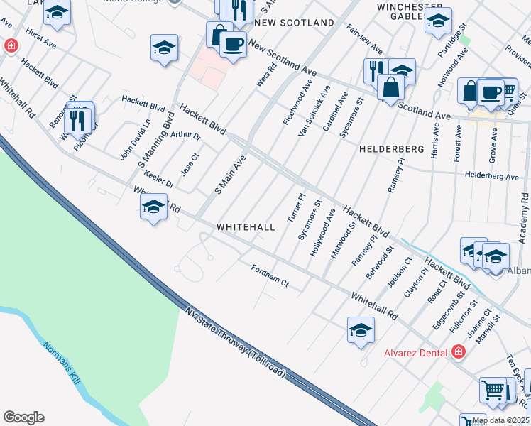map of restaurants, bars, coffee shops, grocery stores, and more near 110 Van Schoick Avenue in Albany