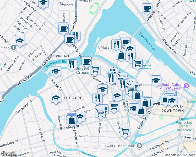 map of restaurants, bars, coffee shops, grocery stores, and more near 790 Merrimack Street in Lowell